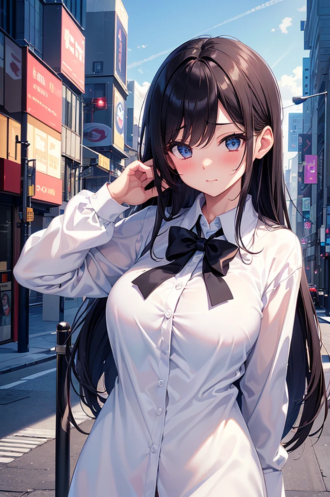 masterpiece, High resolution ,,Embarrassed face,I was so panicked.,Blushing,Obscene pose,sexy glamorous body,,Futuristic midnight downtown cityscape(((Pixel Perfect, Perfect in every detail))), alone, One girl, Chizuru Ichinose, big , (White collared shirt :1.3), View your viewers, Upper Body: 1.0, Are standing、whole body