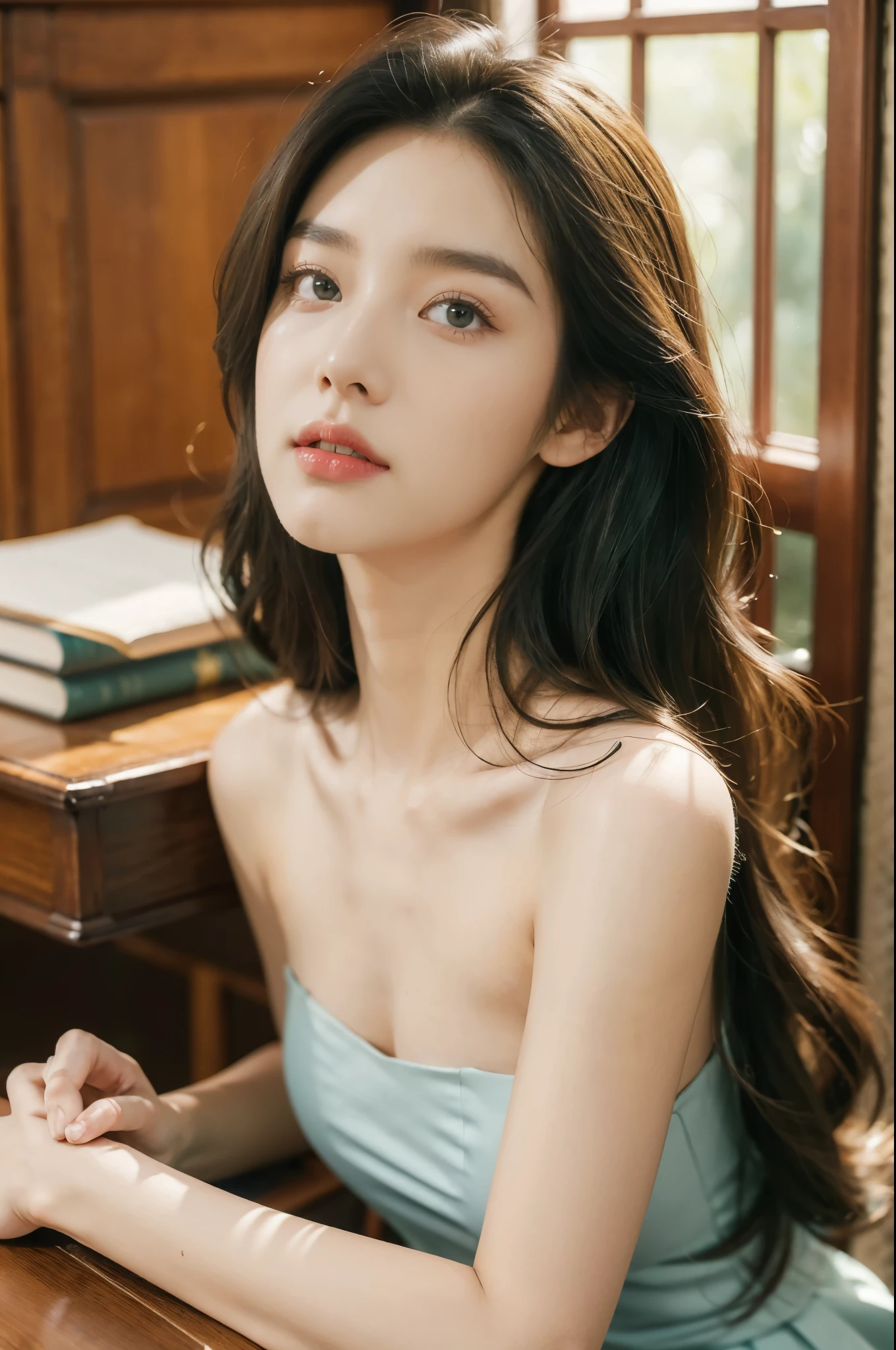 (((best quality))),(((ultra detailed))),(((masterpiece))),illustration,1girl,high school girl,solo,slim,thin,small breasts,flat chest,summer,sunshine,luxurious classroom,anticipation,beautiful,elegant,desk,college application form,strapless bra,light blue,summer sky,delicate floral pattern,shoulder length straight hair,sunlight,shimmering aura,fair skin,smooth skin,deep green eyes,luxury,plush leather chairs,richly patterned walls,state-of-the-art technology,open windows,summer breeze,freshly mown grass,distant bird songs,graceful movements,precise movements,serene face,focus,determination,dreams,aspirations,journey,fulfill academic goals,portrait,resilience,hope,future,courage,confidence,((from front,close-up of face))