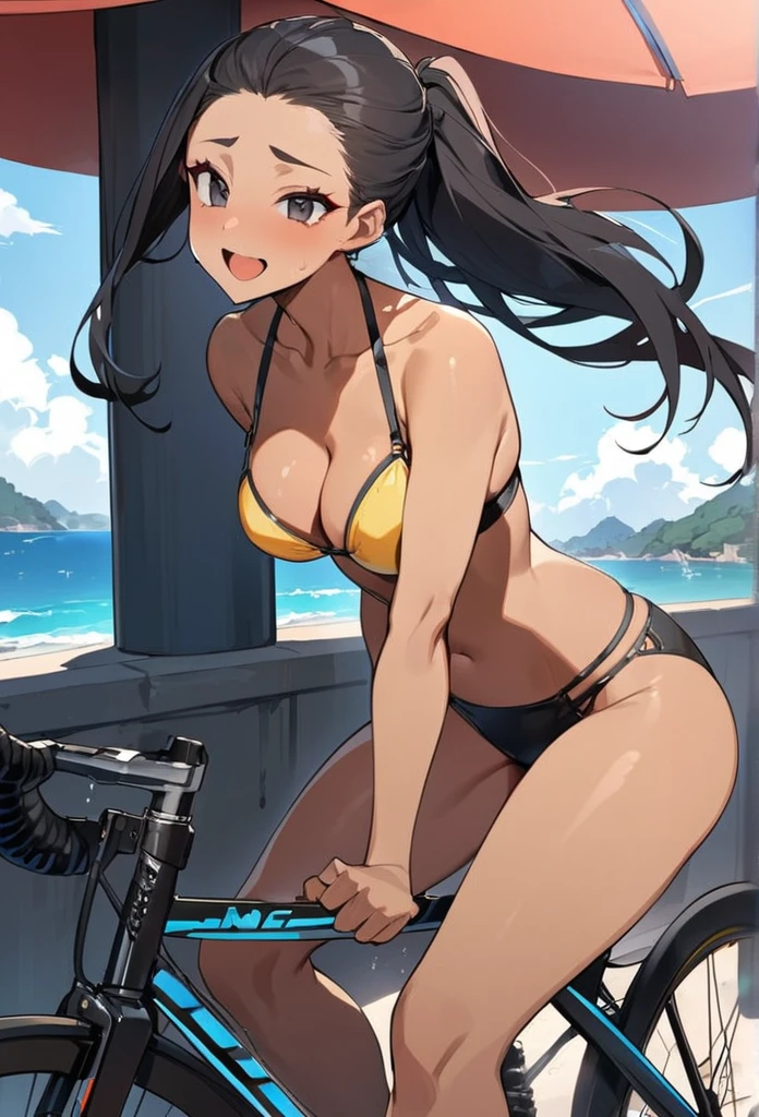 (anime style),masterpiece, best quality, extremely detailed,16Year old,tanned skin,dark skin, Beautiful body,glamour breasts,bouncing_breasts,BREAK,multicolored colorful black hair,pony tail hair,hair slicked back,BREAK,black eyes,sadistic face,open mouth,eyes widen,happiness
smile face,detailed lips,open legs,BREAK,cotton black big ribbon,BREAK,yellow hanging bikini,break,head tilt,aggressive approach,beach side,ride on cycle,