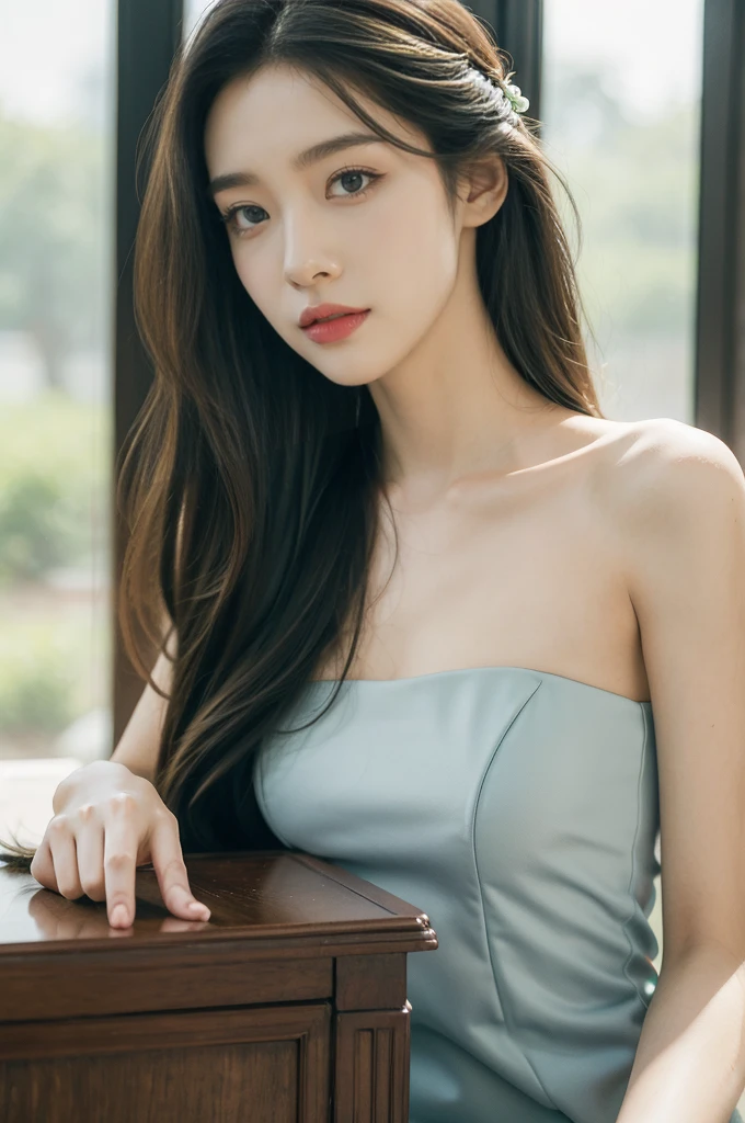 (((best quality))),(((ultra detailed))),(((masterpiece))),illustration,1girl,high school girl,solo,slim,thin,small breasts,flat chest,summer,sunshine,luxurious classroom,anticipation,beautiful,elegant,desk,college application form,strapless bra,light blue,summer sky,delicate floral pattern,shoulder length straight hair,sunlight,shimmering aura,fair skin,smooth skin,deep green eyes,luxury,plush leather chairs,richly patterned walls,state-of-the-art technology,open windows,summer breeze,freshly mown grass,distant bird songs,graceful movements,precise movements,serene face,focus,determination,dreams,aspirations,journey,fulfill academic goals,portrait,resilience,hope,future,courage,confidence,((from front,close-up of face))
