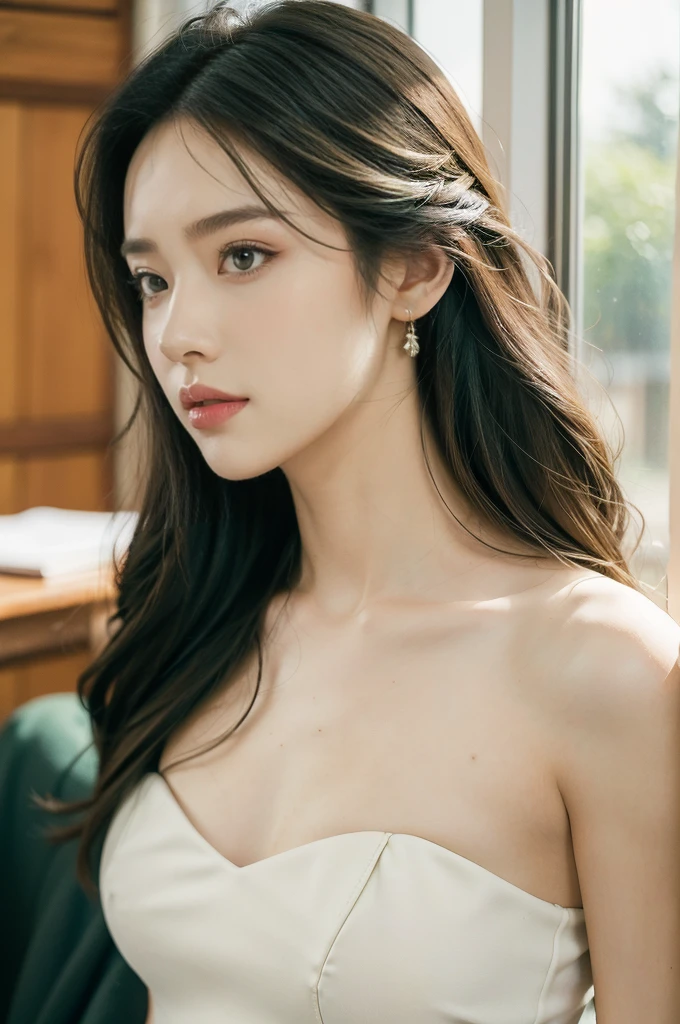 (((best quality))),(((ultra detailed))),(((masterpiece))),illustration,1girl,high school girl,solo,slim,thin,small breasts,flat chest,summer,sunshine,luxurious classroom,anticipation,beautiful,elegant,desk,college application form,strapless bra,light blue,summer sky,delicate floral pattern,shoulder length straight hair,sunlight,shimmering aura,fair skin,smooth skin,deep green eyes,luxury,plush leather chairs,richly patterned walls,state-of-the-art technology,open windows,summer breeze,freshly mown grass,distant bird songs,graceful movements,precise movements,serene face,focus,determination,dreams,aspirations,journey,fulfill academic goals,portrait,resilience,hope,future,courage,confidence,((from front,close-up of face))