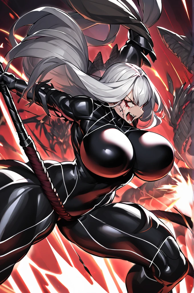 Arachne woman, huge breasts, defined, white hair with black streaks, black latex outfit, holding a bladed whip, hitting several monsters, lots of gore, stipitis club background 