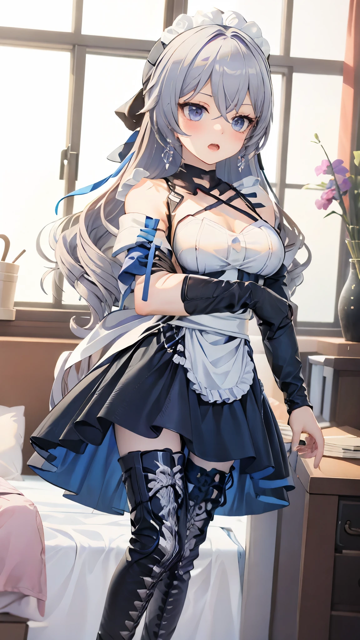 masterpiece, best quality, perfectfeatures, Intricate details, Ray Tracing, illustration,1 Girl, Bronya Zajczyk, Solitary, maid, maid headdress, maid apron, A faint smile, Pantyhose, open mouth, blush, Open your mouth, Looking at the audience, bedroom, indoors, Depth of Field ,  