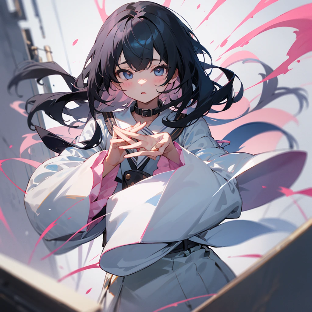 Girl、Black Hair、Light Pink、white collar、cute、Thin lines、Moe sleeves、Hands are hidden。