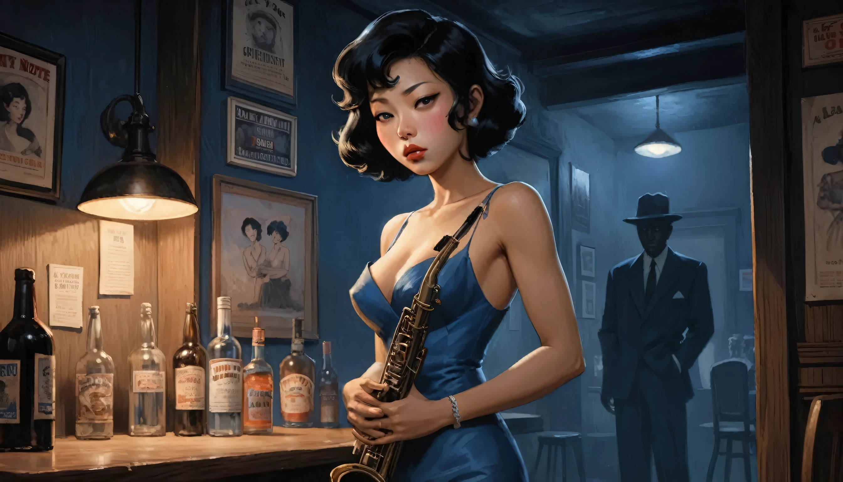 robert johnson, gritty, alabama bar, blue note, charismatic , illustration, noir fantasy, lone asian lady, sad ending, saxophonists