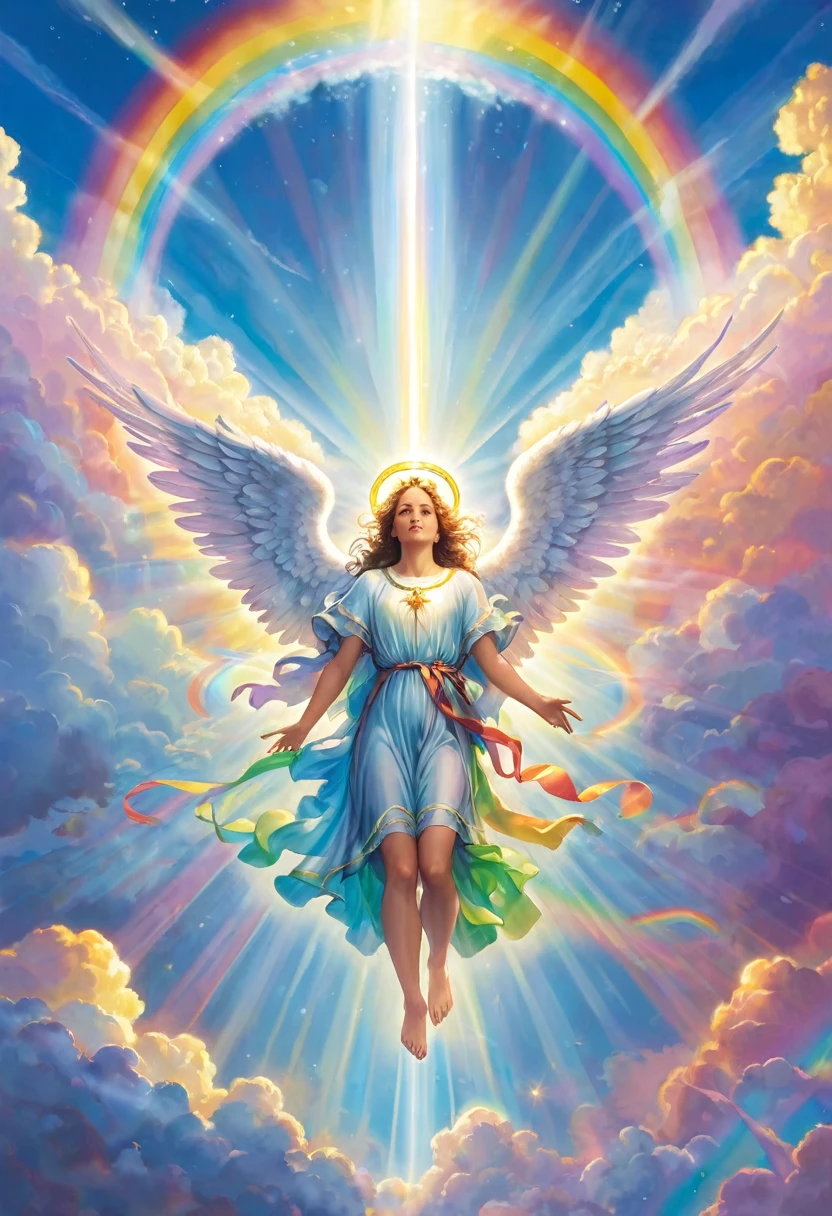 An angel entrusted with a mission by God, shrouded in rainbow-colored light, shining above the clouds