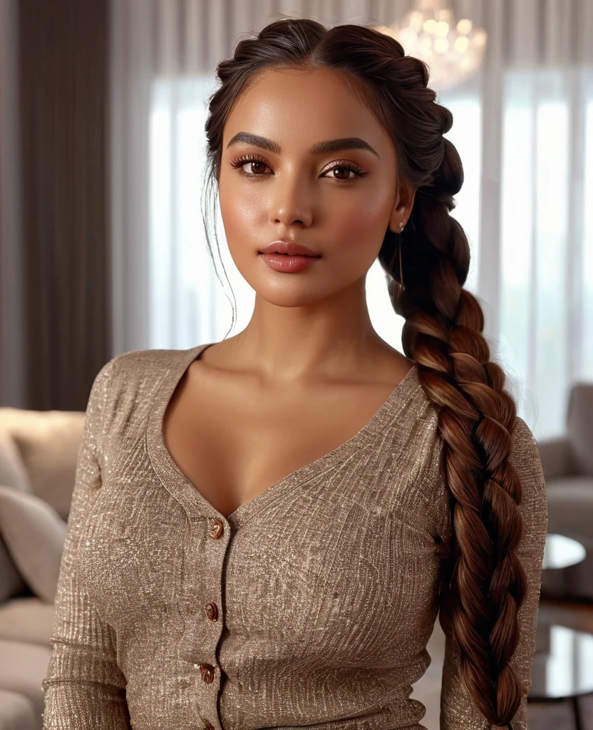 (best quality,4k,highres,masterpiece:1.2),ultra-detailed,(realistic:1.37),(beautiful:1.1) brown-eyed woman with long braid hair and a medium stature, wearing casual and sexy clothes, standing gracefully in a well-lit living room. The room is furnished with modern and elegant furniture, giving a luxurious atmosphere. The woman's beautiful face is detailed, with captivating eyes that shine with brown color. Her lips are full and luscious, adding to her sensual appeal. She exudes confidence and elegance as she poses, showcasing her entire body. The lighting in the room highlights her beautiful brown skin, giving it a warm and radiant glow. The overall scene has vivid colors and sharp focus, creating a realistic and photorealistic image.