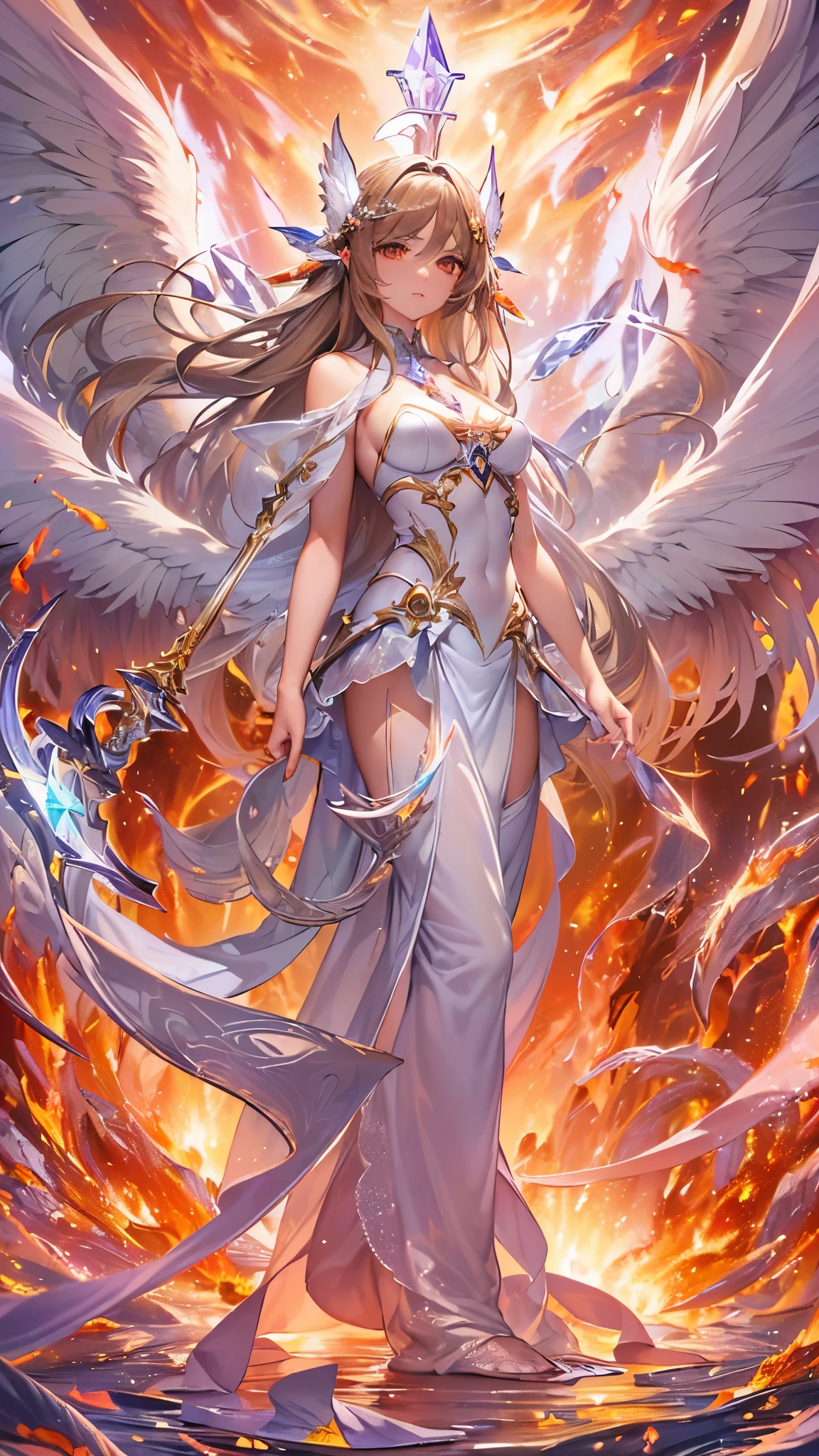 ((Highest quality)),(Ultra-high resolution),(Ultra-detailed new),(Detailed Description),((The best CG)),(masterpiece),Highly detailed art,A wonderful new art form,(Art with precise details:1.5), (A female angel standing in a sea of flames:1.7),(The crystal sword was thrust up into the sky.:1.6)