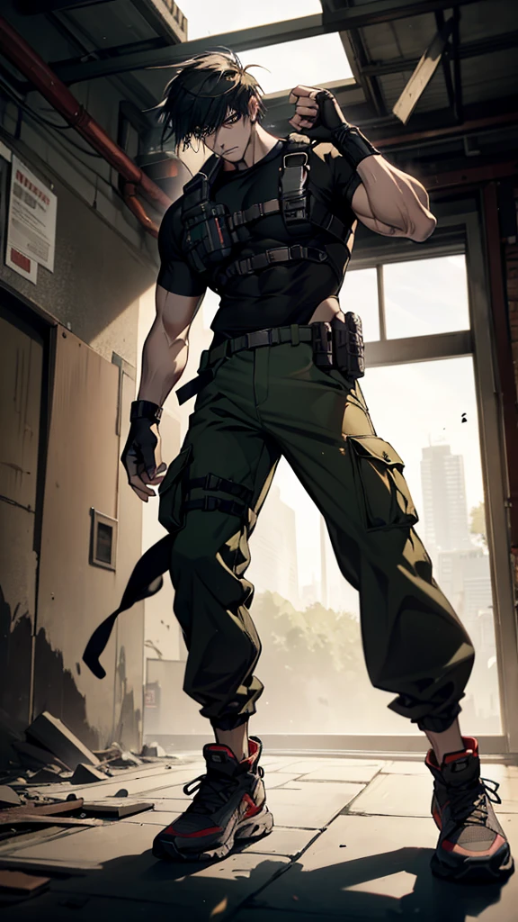 A strong and athletic man named Xiang Long is inside a modern, abandoned building, suited for a survival game. He is dressed in a tactical workout outfit consisting of a fitted, moisture-wicking shirt and durable cargo pants that allow for maximum movement. His shoes are rugged and designed for agility. Xiang Long's hair is styled for practicality, and he wears fingerless gloves for a better grip. He has a utility belt equipped with survival tools and a determined expression on his face. The background features a dimly lit hallway with flickering lights, broken windows, and scattered debris, creating a sense of imminent danger. Xiang Long looks ready and alert, prepared to tackle any challenge in this high-stakes environment