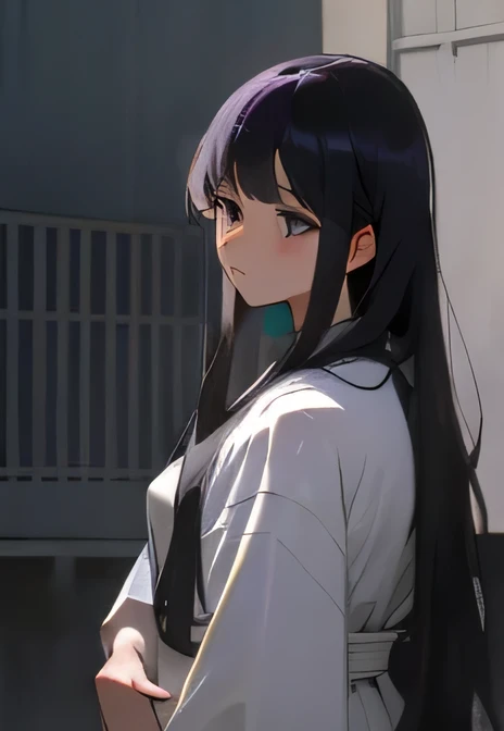 ((masterpiece)), (best quality), (absurdres), (photorealistic:1.4), black hair, yamamura_sadako, white dress, (fair skin), bangs, purple eyes, beautiful