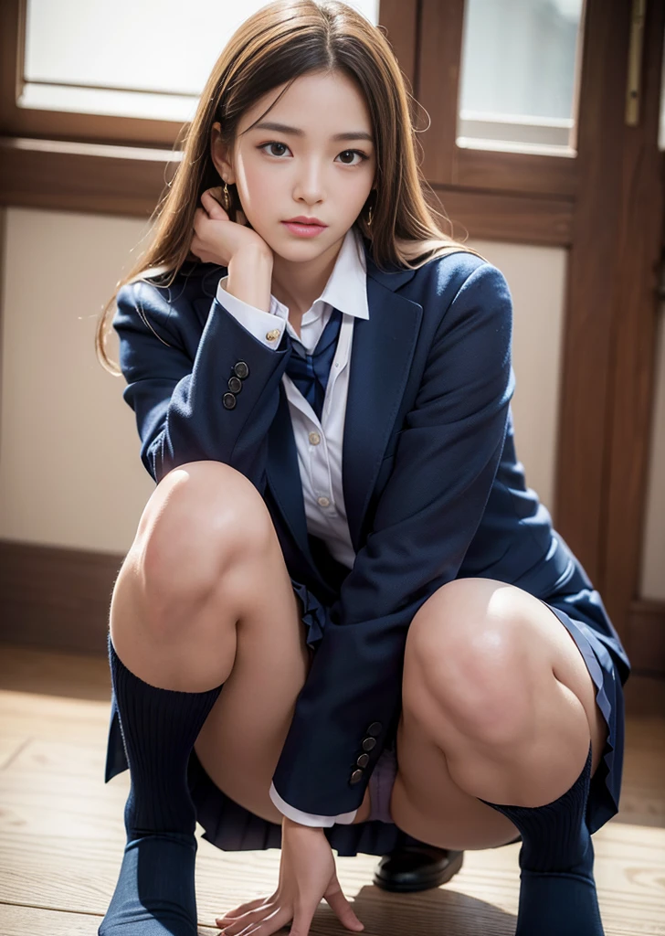 Dark blue high socks Magic Mix Real、(Raw photo:1.2)、(Photorealistic:1.4)、The beauty of beautiful details Delicate expression、Blonde、((panties are visible))(Squatting panchira)Earrings Eyelashes Beautiful and fine details、Large file size、Ultra-detailed、High resolution、Transcendental beauty Highest quality、masterpiece、、(Japanese high school girls uniform))、Extremely detailed representation grow、In detail、Highly detailed facial cinematic lighting、、Positive、((Dynamic Pose)))、(Sit with your knees bent))、Pleated skirt、blazer、Sexy upward glance、panties、