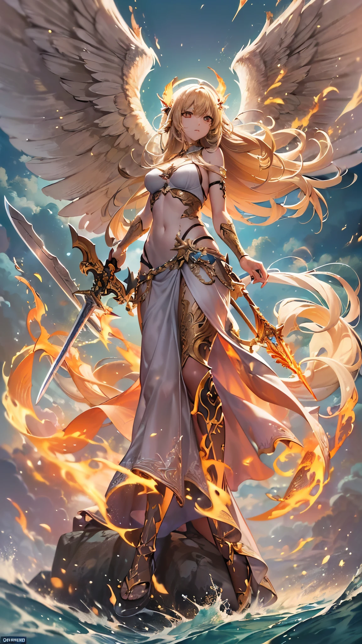 ((Highest quality)),(Ultra-high resolution),(Ultra-detailed new),(Detailed Description),((The best CG)),(masterpiece),Highly detailed art,A wonderful new art form,(Art with precise details:1.5), (A female angel standing in a sea of flames:1.7),(Hold the sword high:1.6),(A sword with intricately detailed reliefs:1.6), Wind blowing up:1.6, Intense Lightning:1.5