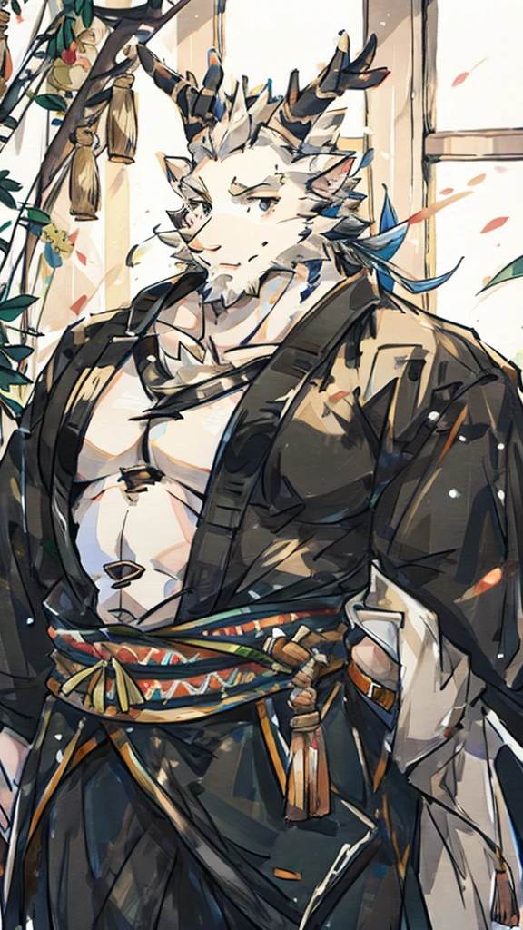 (white eastern dragon),furry,white mustache,big pecs,hearty males,muscular,black imperial robe,adult,traditional_chinese_room,head portrait