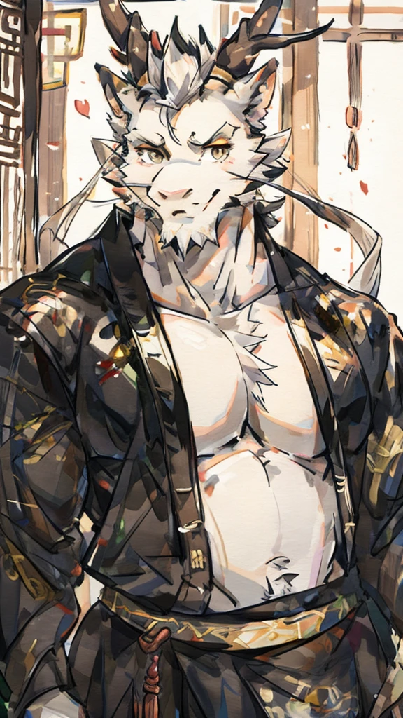 (white eastern dragon),furry,white mustache,big pecs,hearty males,muscular,black imperial robe,adult,traditional_chinese_room，head portrait