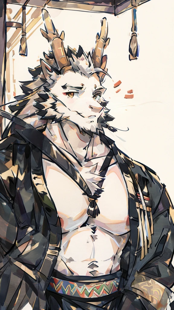 (white eastern dragon),furry,white mustache,big pecs,hearty males,muscular,black imperial robe,adult,traditional_chinese_room,head portrait