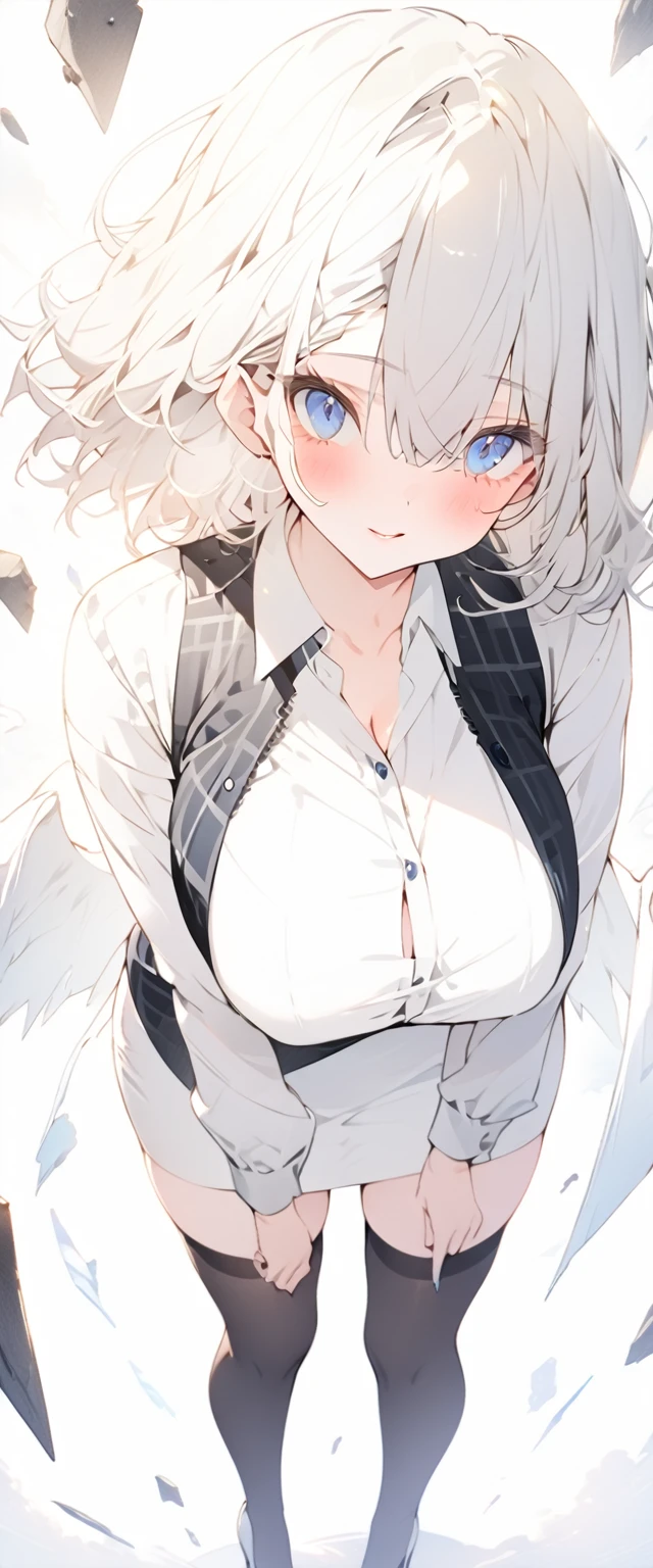 beautiful, masterpiece, Highest quality, anime, One girl, C Cup,Portrait Shot, View your viewers, Covered、Medium Hair、nearby、Blue Eyes、art、、White hair,Blue streaked hair、Highest quality、Flying debris、Beauty、officeレディ、Big Breasts、short hair、チェック柄のダークブルーのofficeスーツ)、new employee、Full Body Shot、Female office lady、break(Dark blue checked vest、White dress shirt、Navy mini tight pencil skirt:1.2)、(Black knee-highs、Absolute area、High heels)、break(office:1.3)、Cleavage、Unbutton your shirt、blush、Embarrassing、Troubled face、The skirt is torn、Standing posture