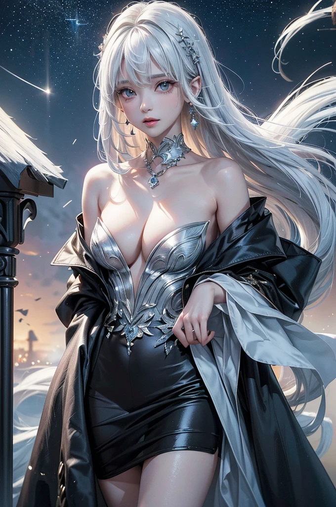 ((masterpiece:1.5、8K、Tabletop、フォトリアリスティックでVery detailedなCG、Very detailed、Particle Effects、Dynamic Effects、Shallow depth of field、Cinematic Light、Lens flare、Ray Tracing、Tabletop、Realistic:1.4、Ultra-high resolution:1.2、Realistic、Realistic))((alone、,A woman wearing a black fur coat over an off-the-shoulder sweater:1.4、Elegant and  woman、Detailed face、bright表情、young, bright, Whiter skin、Medium chest、Beautiful cleavage、Best Looks、Asian、Ultimate beauty、bright and shiny hair,、Super long, Silky straight hair、Hair dancing in the wind))(spectacular night sky、White Knight、Amazing starry sky)((shiny white hair))
