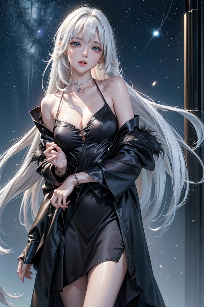 ((masterpiece:1.5、8K、Tabletop、フォトリアリスティックでVery detailedなCG、Very detailed、Particle Effects、Dynamic Effects、Shallow depth of field、Cinematic Light、Lens flare、Ray Tracing、Tabletop、Realistic:1.4、Ultra-high resolution:1.2、Realistic、Realistic))((alone、,A woman wearing a black fur coat over an off-the-shoulder sweater:1.4、Elegant and sexy woman、Detailed face、bright表情、young, bright, Whiter skin、Medium chest、Beautiful cleavage、Best Looks、Asian、Ultimate beauty、bright and shiny hair,、Super long, Silky straight hair、Hair dancing in the wind))(spectacular night sky、White Knight、Amazing starry sky)((shiny white hair))