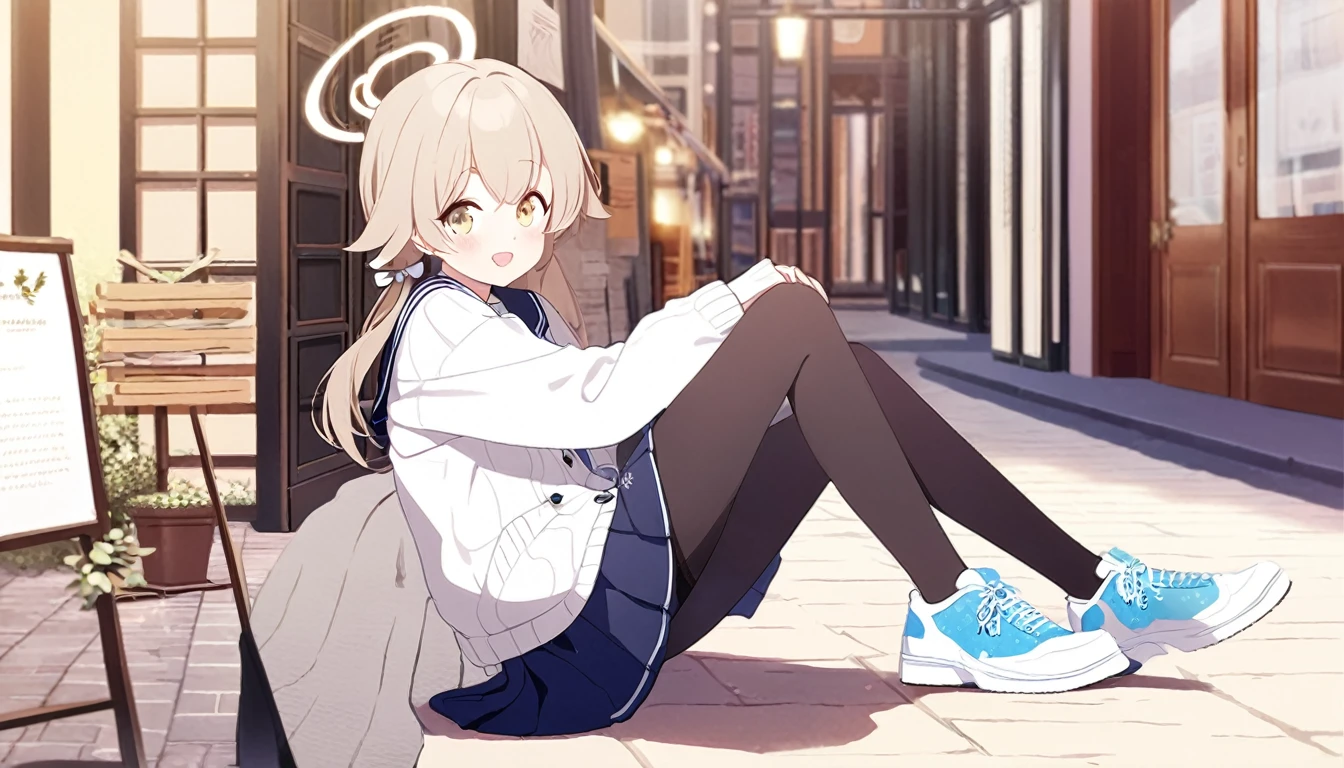 (((masterpiece))), (((best quality))), ((ultra-detailed)), (illustration), (detailed light), ((an extremely delicate and beautiful)), (beautiful detailed eyes), (sunlight), 1 girl, cafe, smile, sitting, from side, open mouth, blush, hifumi-default, hifumi \(blue archive\), yellow eyes, light brown hair, long hair, low twintails, halo, , blue sailor collar, white cardigan, pleated skirt, black pantyhose, sneakers