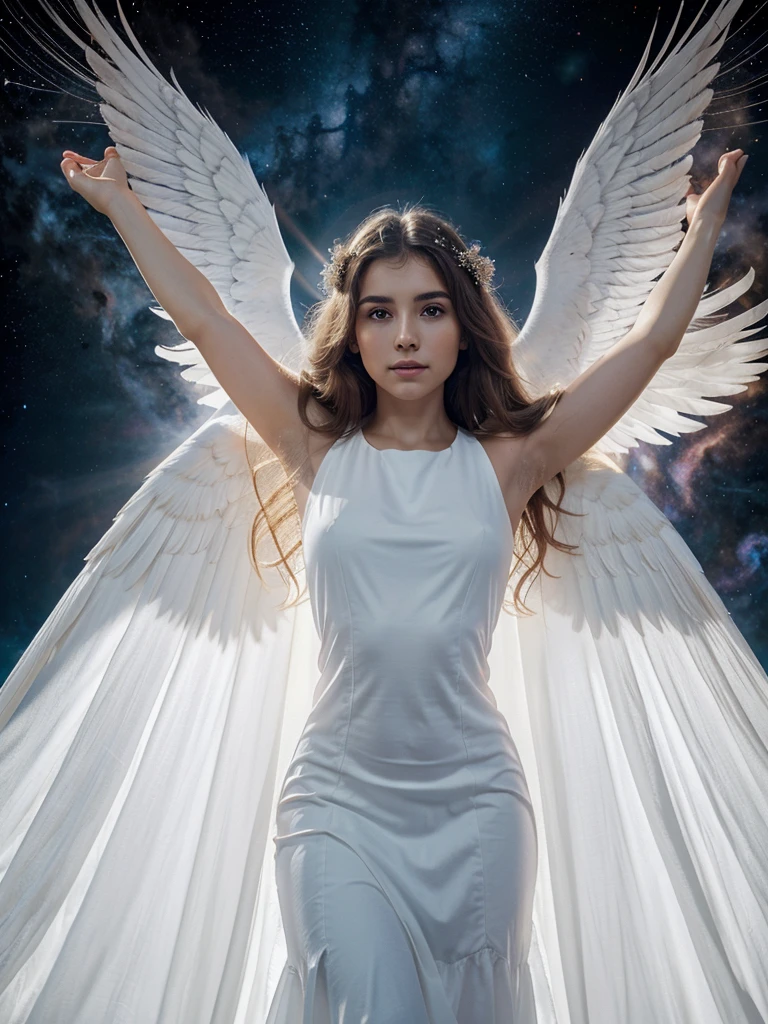 A beautiful angel in long white dress, raising hands, not exposed body, cosmic mystical background, universe, angelic scene, highly detailed, 8k
