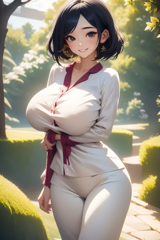 pajamas　Open the chest　Beautiful woman　Huge breasts　She smiles and bends down.