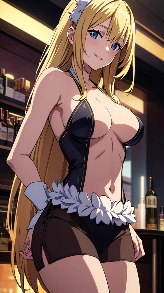 (masterpiece), (best quality), (detailed), light layer, 1solo girl, young girl, perfect body, blonde hair, defined chest, defined collarbone, ultra realistic, photorealistic, detailed, ,Enhance, wearing abunny outfir, fisnet stocking, nightclub background, smiling