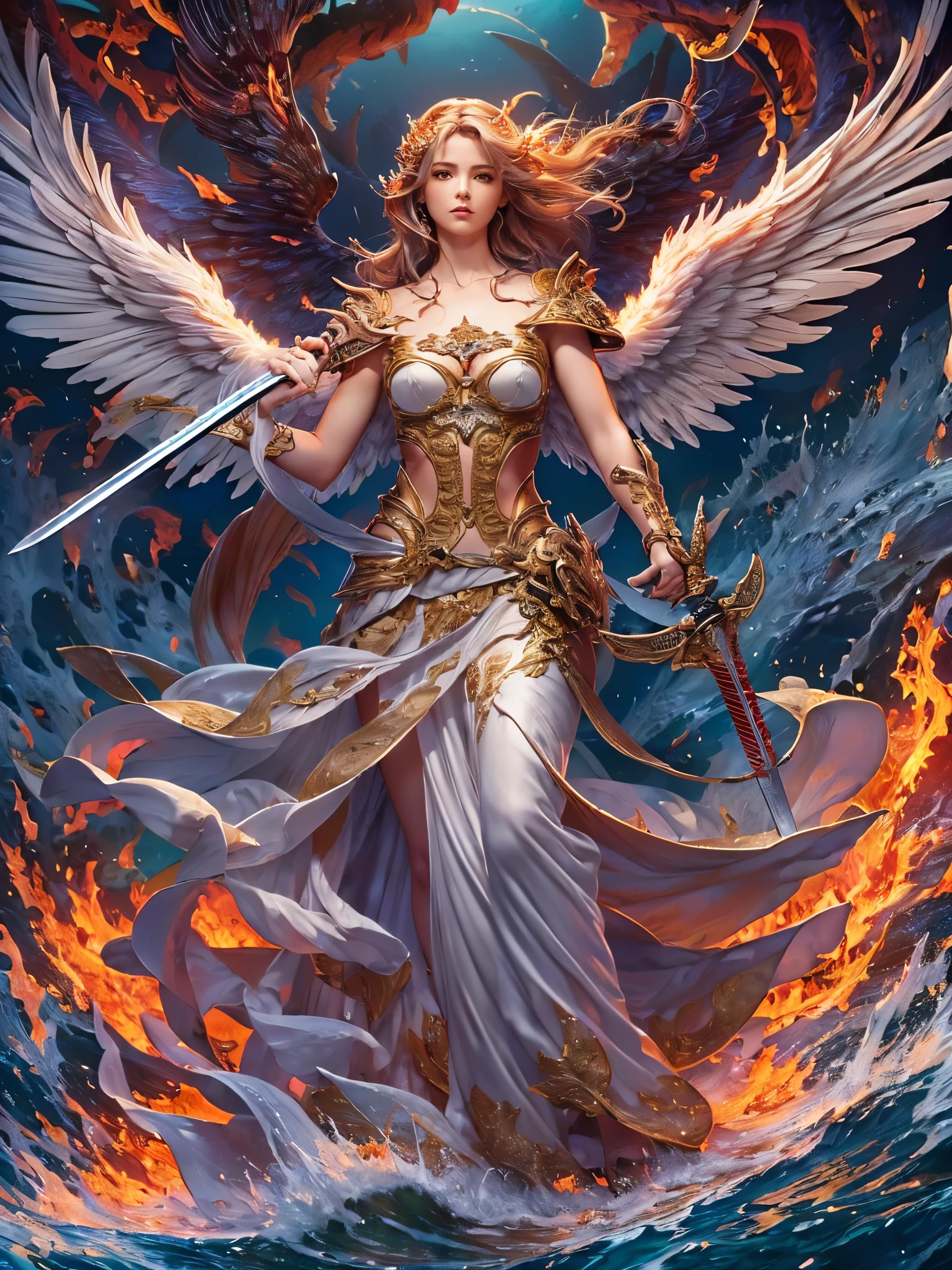 ((Highest quality)),(Ultra-high resolution),(Ultra-detailed new),(Detailed Description),((The best CG)),(masterpiece),Highly detailed art,A wonderful new art form,(Art with precise details:1.5), (A female angel standing in a sea of flames:1.7),(Hold the sword high:1.6),(A sword with intricately detailed reliefs:1.6), Wind blowing up:1.6, Intense Lightning:1.5