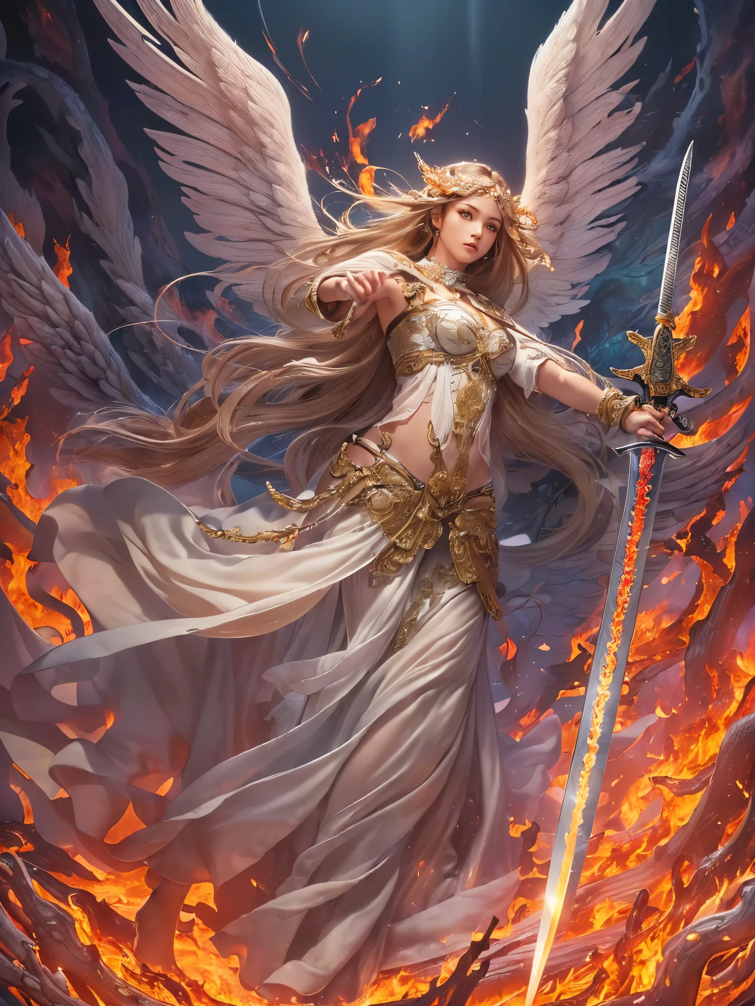 ((Highest quality)),(Ultra-high resolution),(Ultra-detailed new),(Detailed Description),((The best CG)),(masterpiece),Highly detailed art,A wonderful new art form,(Art with precise details:1.5), (A female angel standing in a sea of flames:1.7),(Hold the sword high:1.6),(A sword with intricately detailed reliefs:1.6), Wind blowing up:1.6, Intense Lightning:1.5