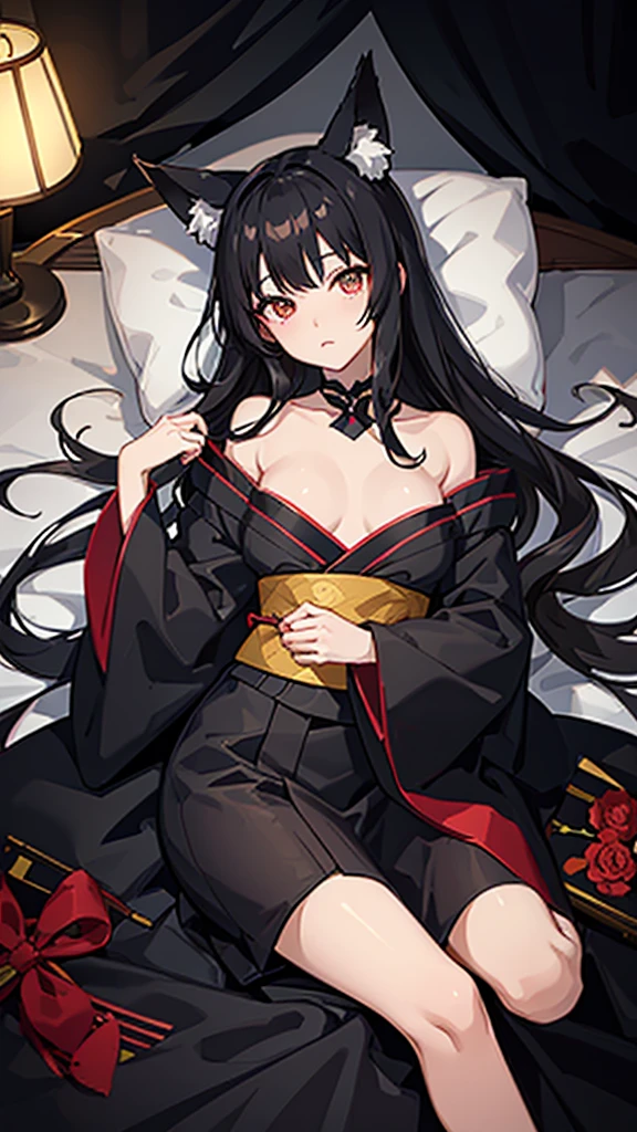 Black hair and fox ears、anime、One woman、Black Ribbon、kimono、kimono、hime cut、anime tone、beautiful girl、best quality、high quality、good anatomy、good hands、good body、Face down, looking at the camera、On the bed、pillow、curtain、Alarm Clock、early morning、body turned sideways