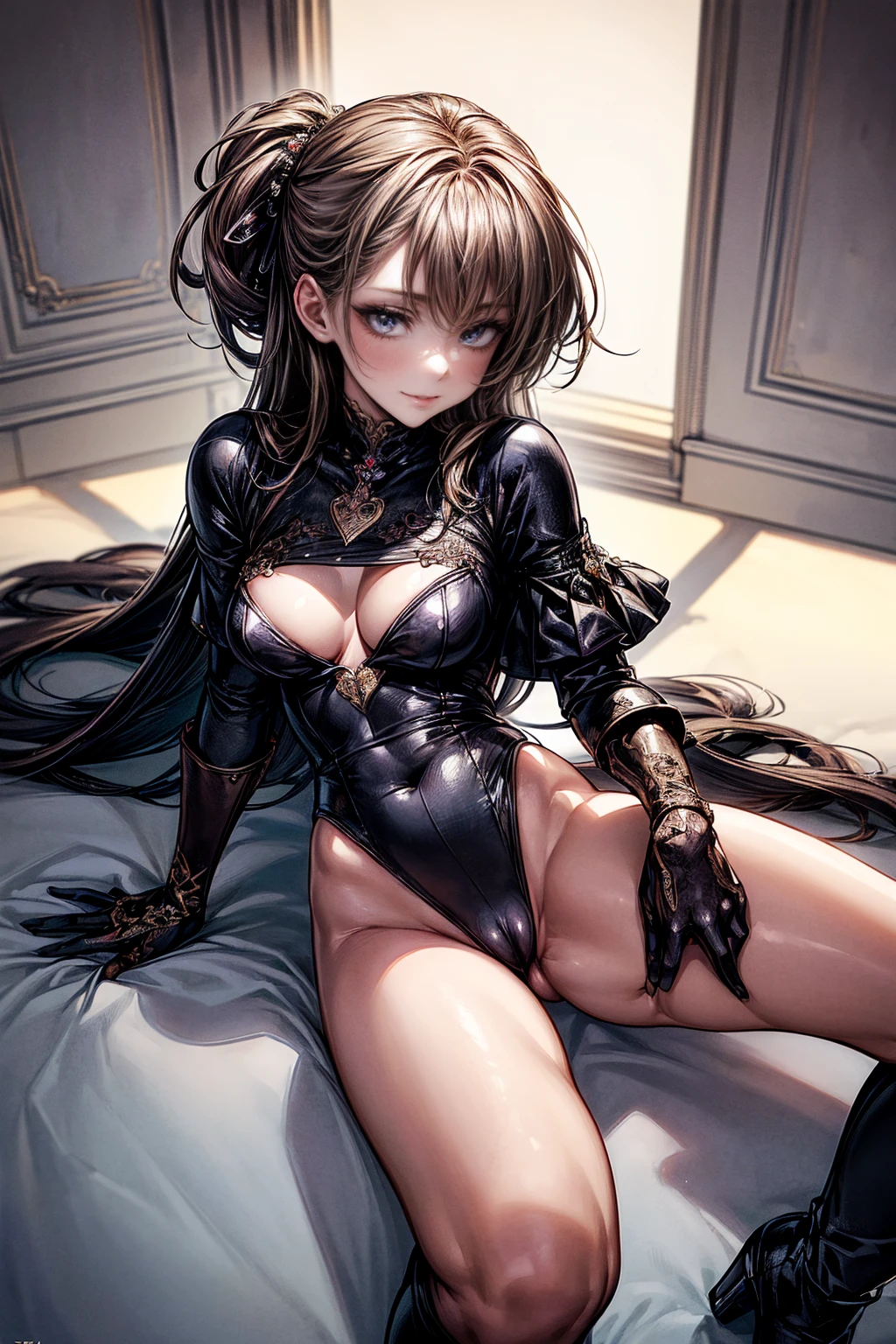 nsfw、(masterpiece, Highest quality, Super detailed:1.3), Perfect composition, 4K, (Very detailed, Super detailed), Patent leather leotard、Long gloves、Knee-high boots, High resolution, 8k Texture, Attention to detail, Very detailed肌の質感, Magnificent details, High Sharpness, One girl, (Fine grain:1.3), (25-year-old woman:1.3),(Camera angle looking up from below)、A smile looking down on the viewer、Spread your legs、Crotch Emphasis、Nipple swelling、Pussy Cameltoe