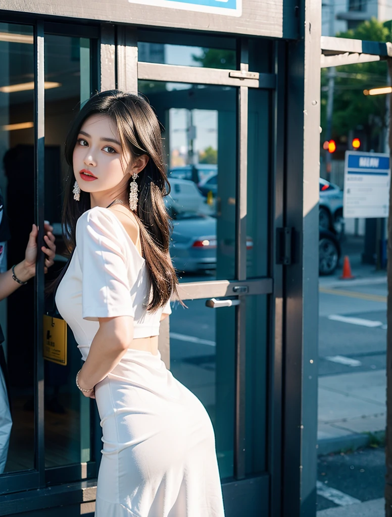 1 woman, black hair, blue pupils, delicate face, cute, love earrings, white dress, standing at the door of the police station, playful, ultra hd, masterpiece, best quality, super detail, ccurate
