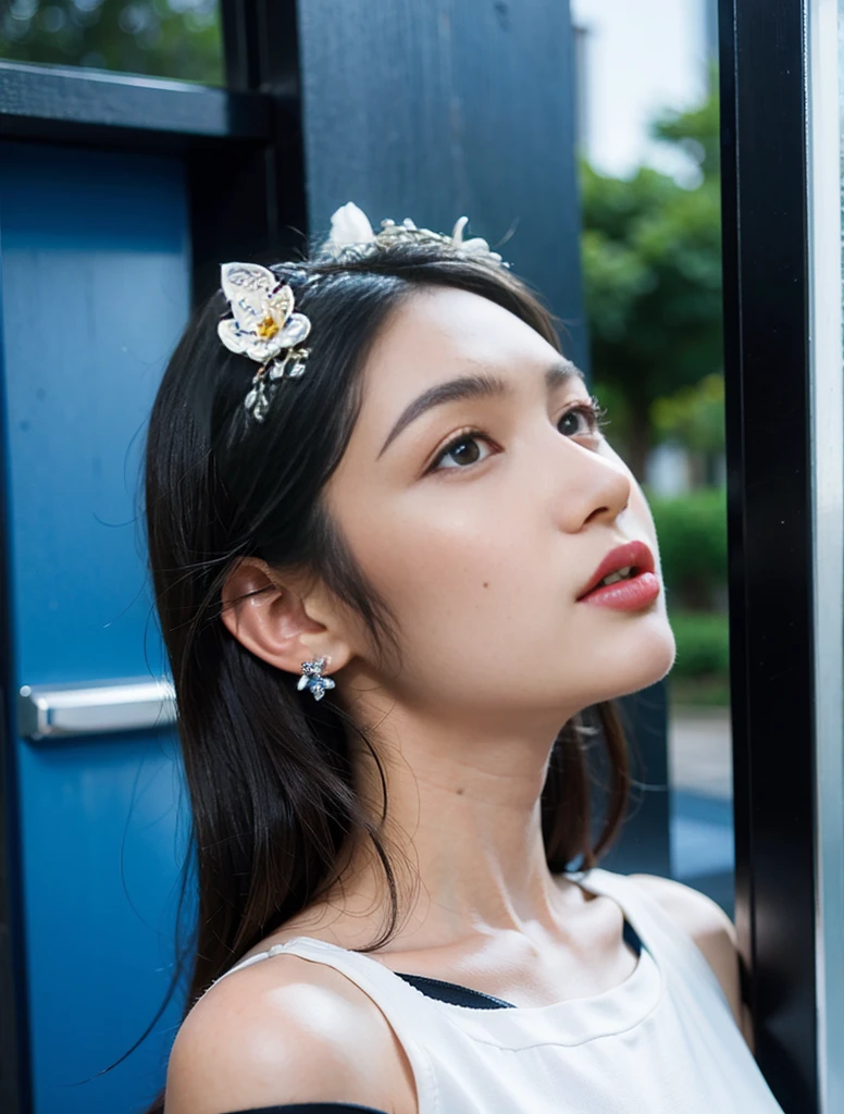 1 woman, black hair, blue pupils, delicate face, cute, love earrings, white dress, standing at the door of the police station, playful, ultra hd, masterpiece, best quality, super detail, ccurate