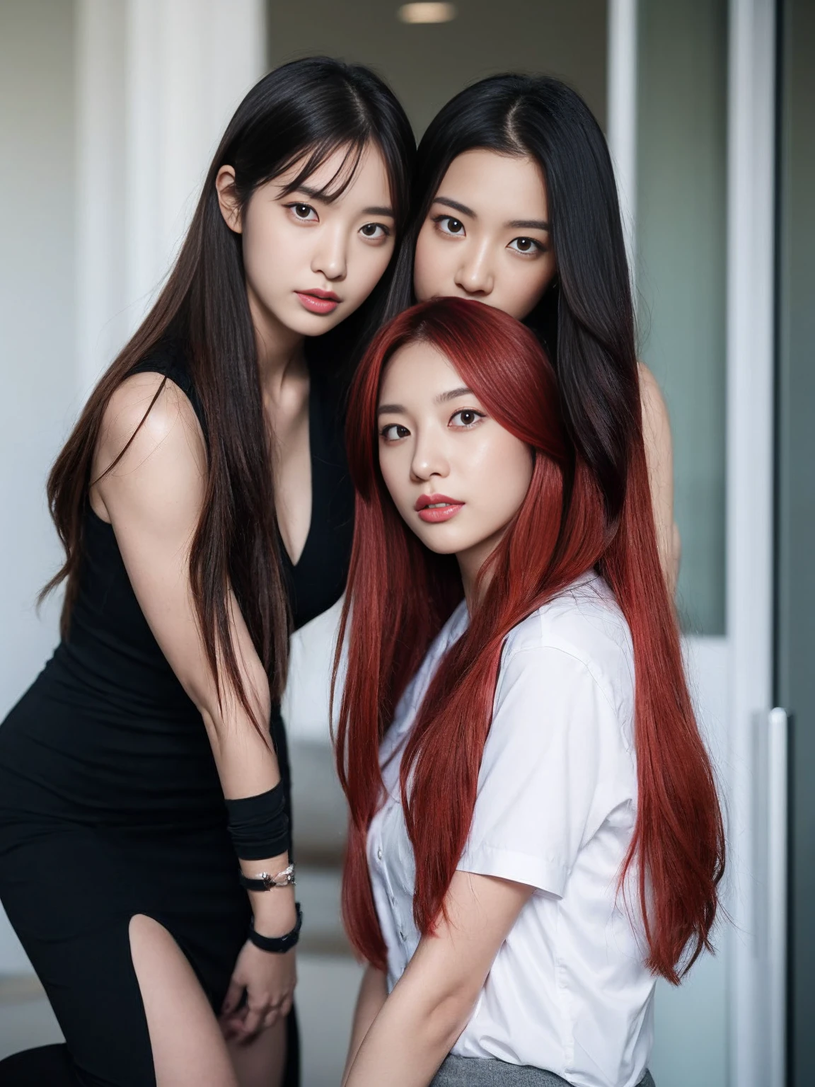 2 women,2 students, 28 years old,One has red hair and the other has black hair.,realistic,realistically
