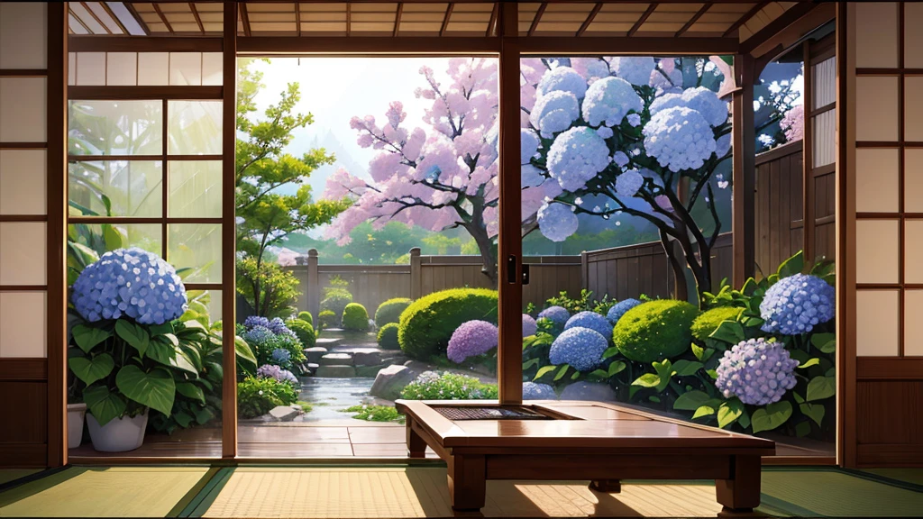 8k quality,masterpiece,Japanese-style room,(rain),Shoji,Hydrangeas blooming in the garden seen from the window
