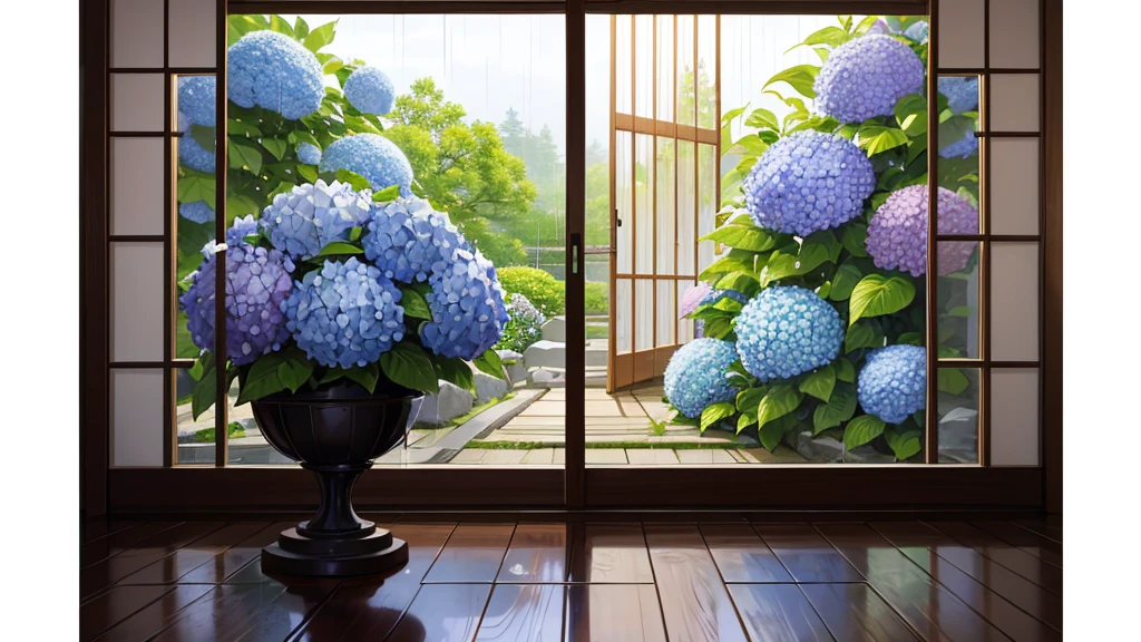 8k quality,masterpiece,Japanese-style room,(rain),Shoji,Hydrangeas blooming in the garden seen from the window
