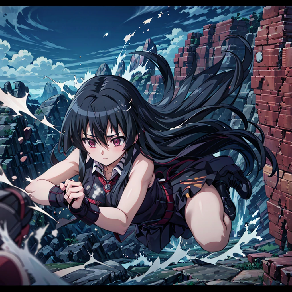 Akame, ((very long black hair)),1girl, determined face, earthquake, rocks breaking away, ((rock collapse)), waterfall, bikini, free solo rock climbing