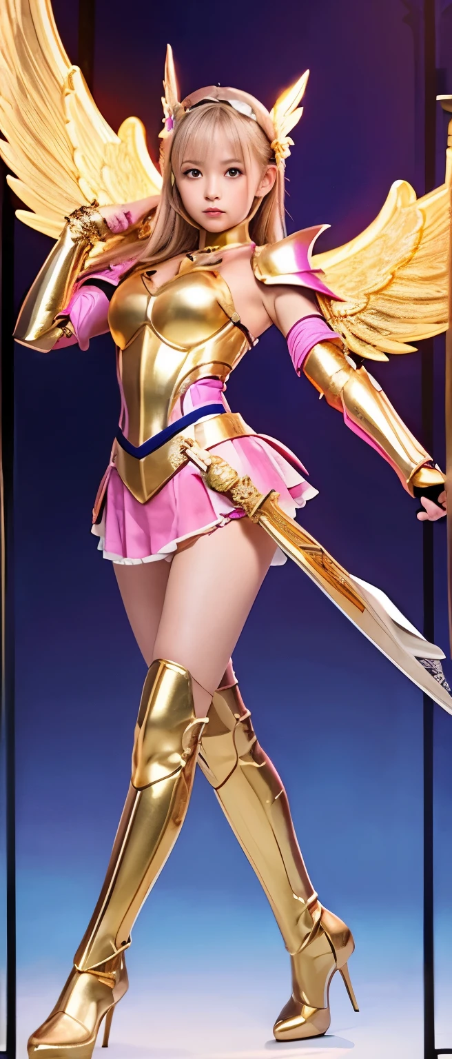 Tall cute girl knight、whole body、Good style、、、、、、、、、、Tanned thick legs、、Pink and gold angel armor uniform(Cross Spear)、Neat and clean idol face、Glowing、Stained Glass Paradise