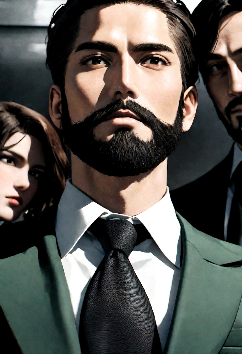 Upwardake a handsome man in his 30s in Sea green suit and tie, CEO, brown hair and beard, (Man in black suit and tie), ), (Use beard,) Attractive and serious appearance, short dark hair, Elegant and stylish, Close shave to the suit and strong body, (high quality, true-to-life visuals), Dark and light black on the image background, Film style, ((highest qualityr, 8k, Masterpiece), ultra hi definition photo, (Beautiful detailed faces, detail of skin texture, Hyper detailed body:1.1)