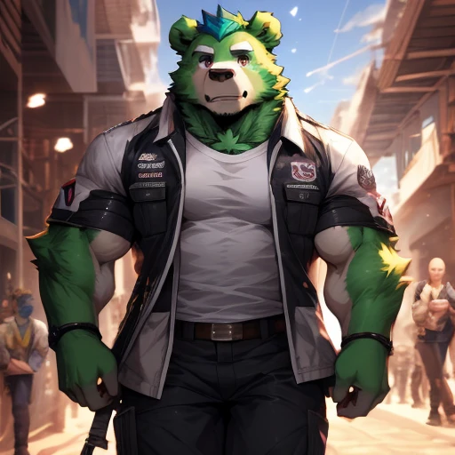 Award-winning original photography, ((Dad)) Surgeon, (Outside wearing a white coat,Inside, he wears a military uniform), (Dark brown trousers), Muscular man, expensive and hunk, Biceps, Abdominal muscles, chest, Expressionless face, 最high quality, masterpiece, Dynamic Angle, Background beach, Detailed face, Volumetric lighting, Focus on the center, From below,(最high quality, High resolution, Realistic), Cinema Lighting, masterpiece, RAW Photos, Intricate details, High resolution,masterpiece, high quality, anime, Fine grain, Male Jinpei, Humanity, bear, great physique, Strong arms, manly,, Walking around the city, magic city, (((green bear))), (((Green fur))), Green Hair, beard, White eyebrows, bald, Detailed purple eyes, expensive, (Rainbow Spark), Sparkling Crystal Flower, Joyful, Author: zixiong, From null-ghost, Pino Daeni