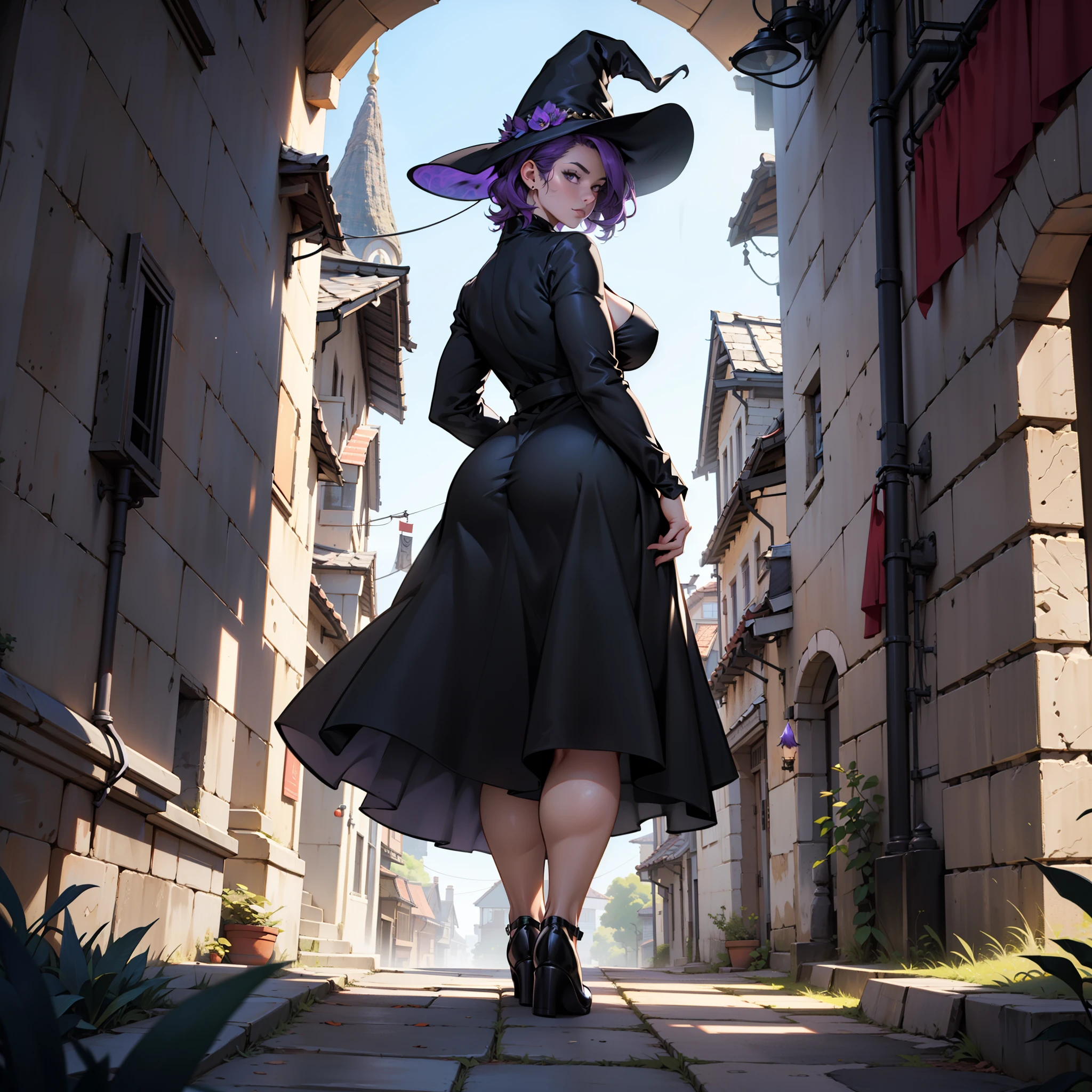 older woman in her 30s, with short purple hair and a tall, curvy body, view from behind, standing backwards, breasts big, in this, (work of art, best qualityer:1.2) wearing the legendary great black dress of the mystical sorceress, Big witch hat, standing alone, alone