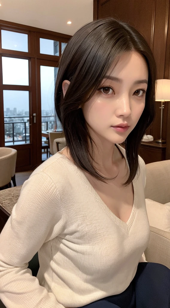 8K、High resolution、high quality、Realistic、whole body、walking、expensive、all、short hair、Brown Hair、double、woman、Late 20s、Long face、Japanese、expensive鼻、Straight nose、Mid-chest、noon、Navy knit dress、Walk gracefully、一人のwoman、Small face、detailed、Round face、Fine dining、High floors、Sitting on the couch、front、Indicates、Afternoon Tea、Hotel Restaurant、Night view