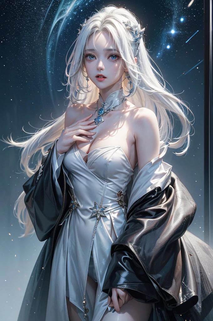((masterpiece:1.5、8K、Tabletop、フォトリアリスティックでVery detailedなCG、Very detailed、Particle Effects、Dynamic Effects、Shallow depth of field、Cinematic Light、Lens flare、Ray Tracing、Tabletop、Realistic:1.4、Ultra-high resolution:1.2、Realistic、Realistic))((alone、,A woman wearing a black fur coat over an off-the-shoulder sweater:1.4、Elegant and sexy woman、Detailed face、bright表情、young, bright, Whiter skin、Medium chest、Beautiful cleavage、Best Looks、Asian、Ultimate beauty、bright and shiny hair,、Super long, Silky straight hair、Hair dancing in the wind))(spectacular night sky、White Knight、Amazing starry sky)((shiny white hair))

