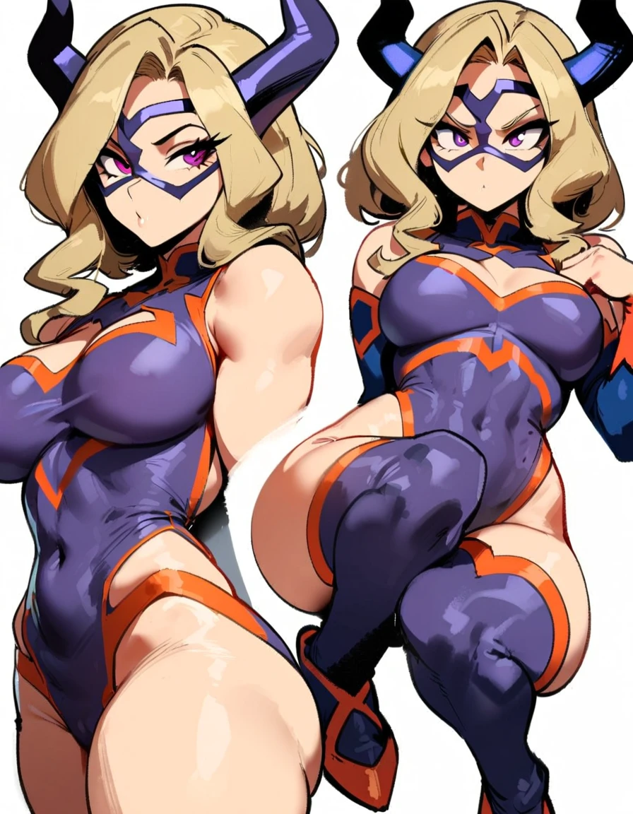 1girl, mount lady, boku no hero academia \\\\\ masterpiece, best quality, very aesthetic, absurdres, newest \\\\\\ sportive body,  \\\\\\  by dodok, nyantcha, cutesexyrobutts, by khyle ///// blonde, purple eyes,   , 24 years old, white background,