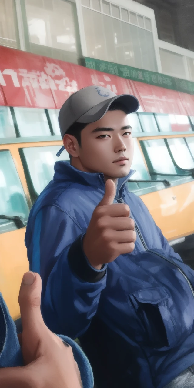 there is a man with a blue jacket and red shirt, a digital painting inspired by Russell Dongjun Lu, pixiv contest winner, photorealism, realistic artstyle, rob rey and kentaro miura style, kawaii realistic portrait, realistic self portrait, photorealistic artstyle, cartoon digital painting, painted in anime painter studio, lofi portrait, realism artstyle