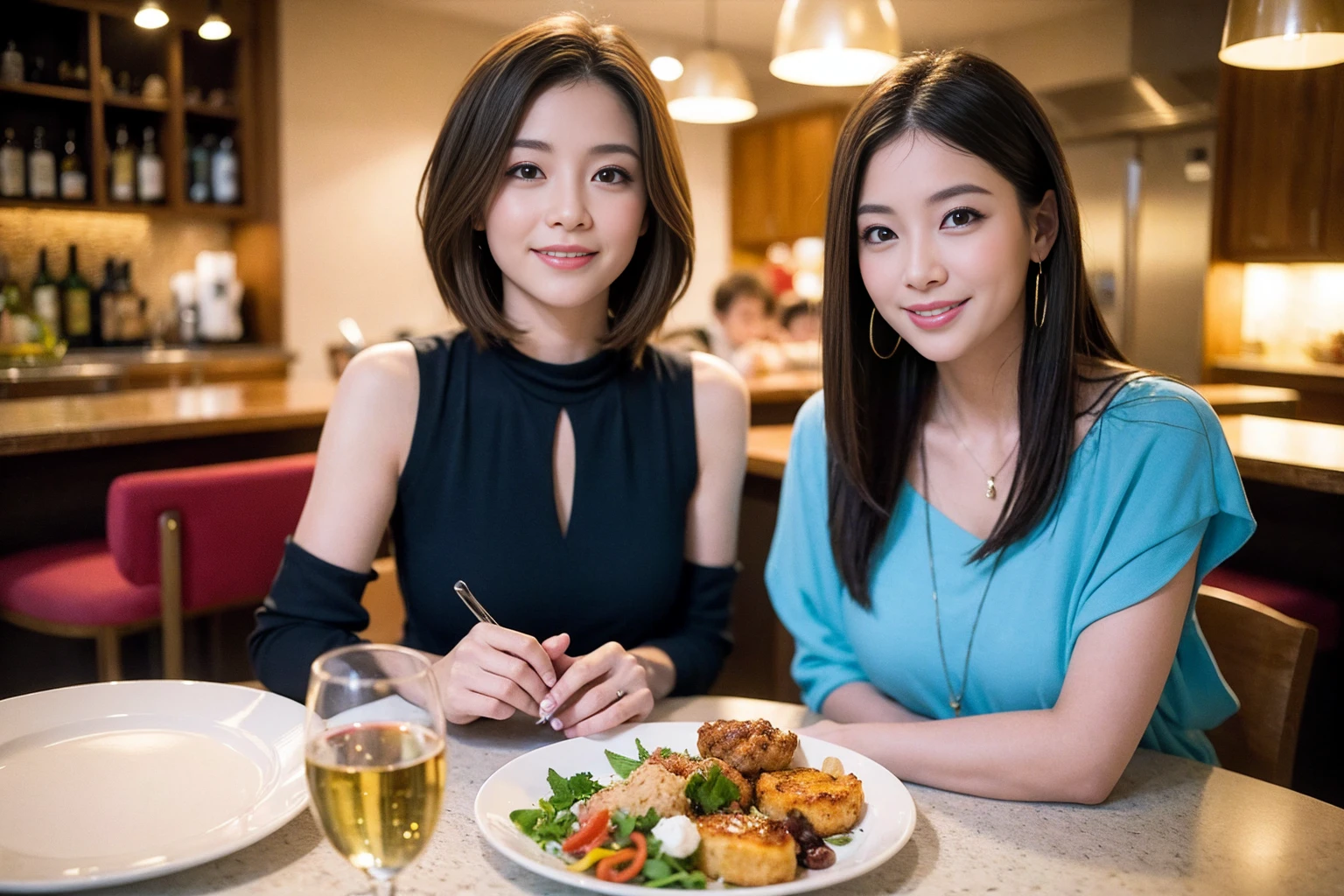 ((Highest quality、8K、masterpiece:1.3))、1 male、1 woman who resembles Satomi Ishihara、Couple、spouse、Couple、The body is slim、((Bob Hale、Straight hair:1.2)), (Realistic, Intricate details:1.2), テーブルの上のwine glass、Put the light on your face、 Amazing view of the sunset sky and clouds、Amazing mountain views、A bright smile、The wonderfulness of smile、Bright image、The beauty of wine, Beautiful Face, blue eyes, The light shines on your face, Blushing, short hair,Bright Face、42 years old), 39 years old, red wine 、Appetizers、Italian food、Wine bottle、Champagne、sparkling wine、Two beauties、Brown Hair、Shortcuts、Long sleeve shirt、dress、Beautiful woman 1, (slimな顔), (The body is slim), (Brown Hair), (Shortcuts), cheeks turn a little red,Attractive beauty、restaurant, In a prominent place (From the waist up) Nova Frog Style, actress, model, Upper Body, White wine, slim, wine glass, 中央に置かれたwine glass, smile, (smile: 1.15), Beautiful fine grain, Depth f/2,saturation, High Contrast, Strong light and shadow,Moist Body:1.5、3D texture、Delicate eyes、Brown Hair、The hair is very shiny、