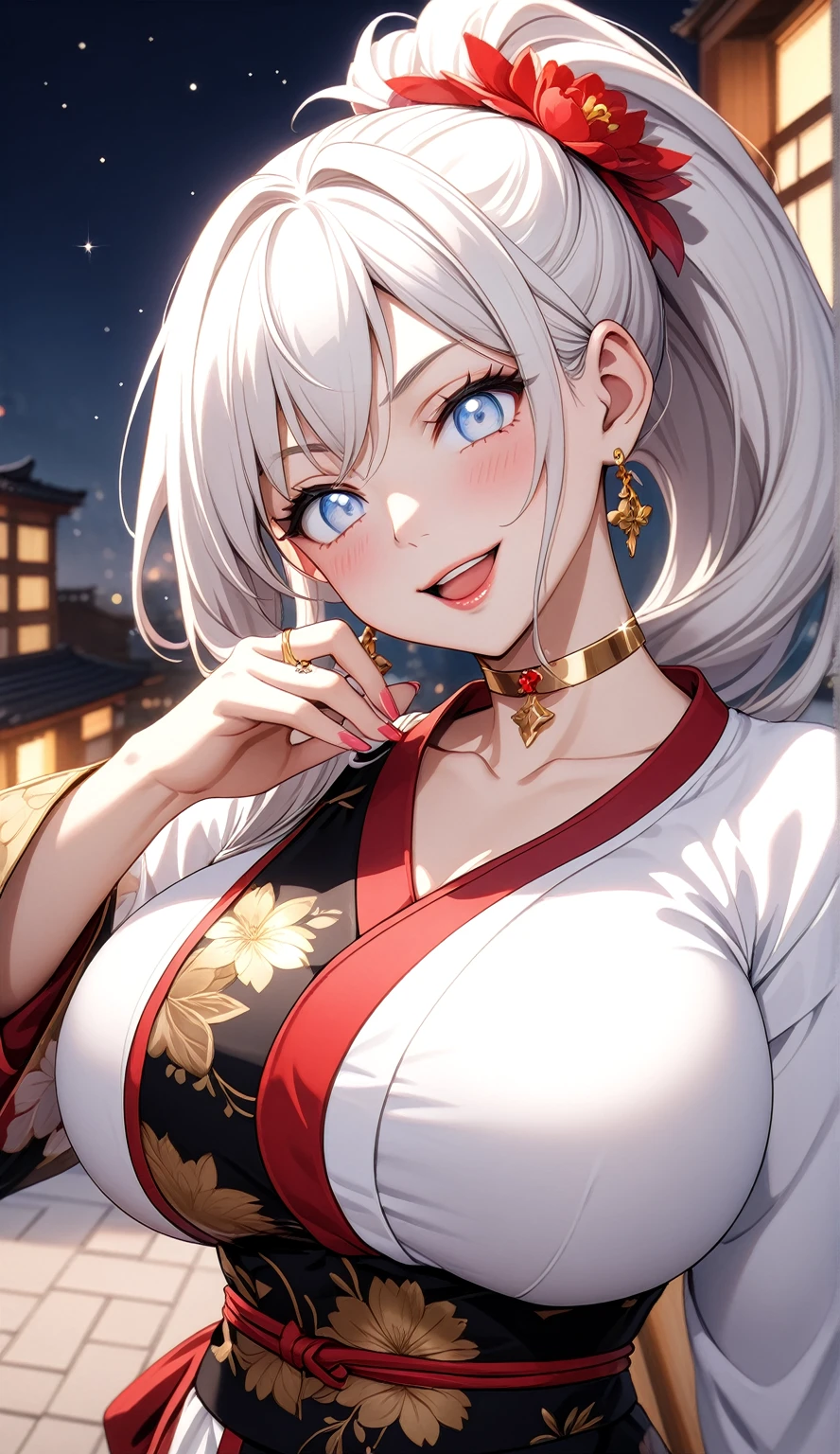 ((One personの女性)), Beautiful Face, (Laughing embarrassedly), (laugh:1.2),((Wink:1.7)), (head tilt:1.3), Laugh with your mouth wide open, upper teeth, looking down at viewer, ((Bright red cheeks:1.4)),Glossy Red Lips,rooftop, firework, Glossy red lips, Shining Face, ((Anime style background)),masterpiece, Highest quality, so beautiful,up to date, Complex details, (Pink long nails),(ring),(bracelet),(Floral choker),AI-generated, Complex,High resolution, Highest quality, super high quality,3D Images、3D Images,One person,Long white hair,High Ponytail, Anime woman posing for a photo,(blue eyes), ((Fine grain、Silvery white, lightly pigmented eyes、Shining Eyes:1.4)), (Squint your eyes:1.1),a hyperRealistic , hyperRealistic , Realistic,Anime woman with long white hair, Smooth anime CG art, A woman in a colorful kimono with gold embroidery, (Black long sleeve kimono),Red floral pattern,Long flower hair ornament,Earrings,Mature Body,(Big Breasts:1.1),Tall,Abdominal muscles,Tight waist,(Zoom up to face:1.4), (front view),