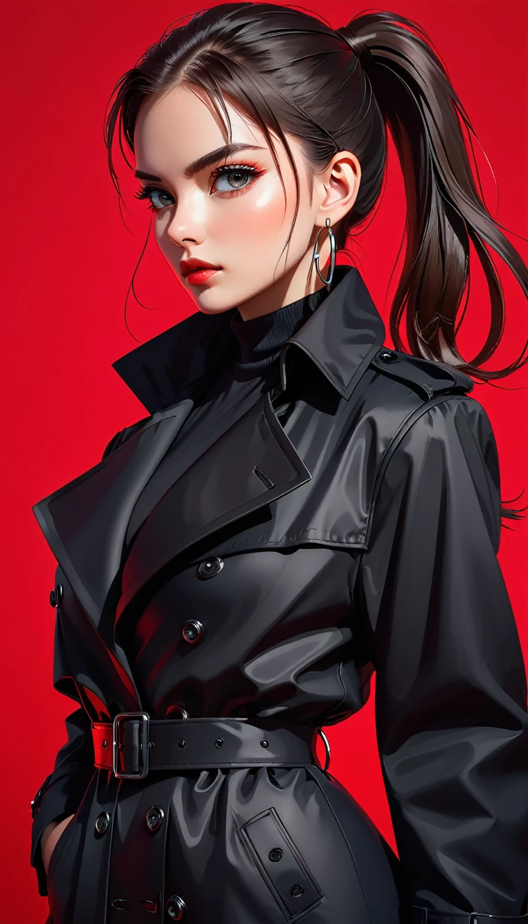 (masterpiece,high quality,8K).beautiful girl,Skin details,Bright Eyes,High Ponytail,Metal hoop earrings,Unique,Staring at the audience),(Black trench coat suit:1.37)。(freeze gun).Light and Shadow,Clean and simple red background