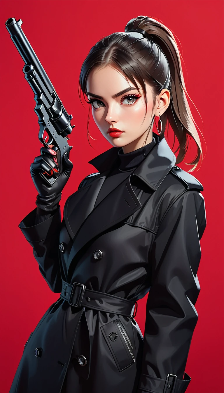 (masterpiece，high quality，8K).beautiful girl，Skin details，Bright Eyes，High Ponytail，Metal hoop earrings，Unique，Staring at the audience），（Black trench coat suit：1.37）。(freeze gun).Light and Shadow，Clean and simple red background