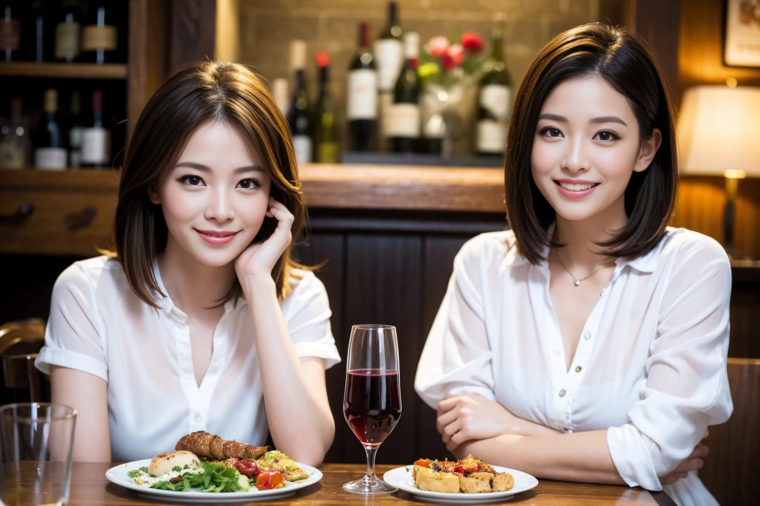 ((Highest quality、8K、masterpiece:1.3))、1 male、1 woman who resembles Satomi Ishihara、Couple、spouse、Couple、The body is slim、((Bob Hale、Straight hair:1.2)), (Realistic, Intricate details:1.2), テーブルの上のwine glass、Put the light on your face、 Amazing view of the sunset sky and clouds、Amazing mountain views、A bright smile、The wonderfulness of smile、Bright image、The beauty of wine, Beautiful Face, blue eyes, The light shines on your face, Blushing, short hair,Bright Face、42 years old), 39 years old, red wine 、Appetizers、Italian food、Wine bottle、Champagne、sparkling wine、Two beauties、Brown Hair、Shortcuts、Long sleeve shirt、dress、Beautiful woman 1, (slimな顔), (The body is slim), (Brown Hair), (Shortcuts), cheeks turn a little red,Attractive beauty、restaurant, In a prominent place (From the waist up) Nova Frog Style, actress, model, Upper Body, White wine, slim, wine glass, 中央に置かれたwine glass, smile, (smile: 1.15), Beautiful fine grain, Depth f/2,saturation, High Contrast, Strong light and shadow,Moist Body:1.5、3D texture、Delicate eyes、Brown Hair、The hair is very shiny、