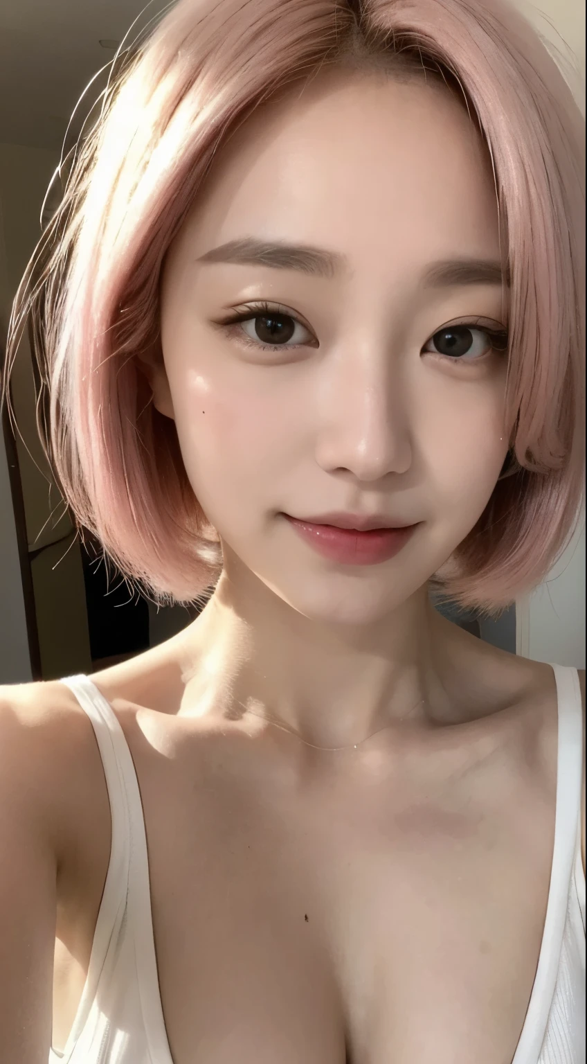 Haruno sakura, ((alone)), alone, E cup breasts,hot pants,Tank top, ((Show your forehead)), smile,Are standing, Taking a selfie, Pink Hair, short hair, delicate, young, short hair, Detailed face, High resolution, ((whole body)), Bedroom, whole body, she is a beautiful , High quality face, beautiful, Shine,(masterpiece:1.3), High resolution, Very detailed, Very detailedな,Unity 8k wallpaper, Realistic, photo-Realistic, RAW Photos, Beautifully detailed face, Pale skin, Realistic glistening skin,